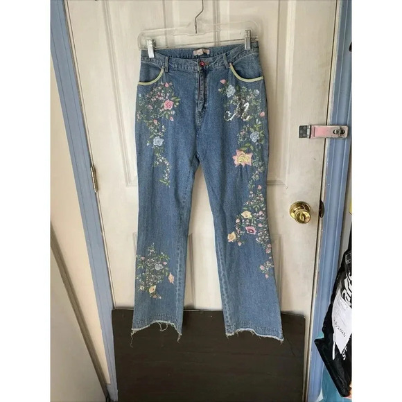 Moiselle Y2K Jeans Women 0/W27 Floral Embroidered Light Wash Blue Fray Hem Fairy - Picture 10 of 14